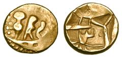 Celtic Coins CELTIC BRITAIN. The Durotriges, ca. 58 BC - 43 AD. Gold Quarter Stater (1.49 gm). Celtized wolf resembling three men in a boat / Zig-zag thunderbolt pattern. ABC.2205. vA.1225. VF, good g