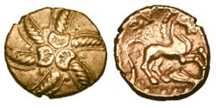 Celtic Coins CELTIC BRITAIN. The Trinovantes. Addedomarus tribe, 40-30 BC. Gold Stater (5.42 gm). Six-armed spiral / Celticized horse, cornucopia below. S.201. vArd.1620-1(VR). Toned XF. Rare.