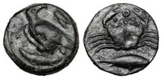 Greek Coins SICILY, Akragas. 425-406 BC. Æ Onkia (3.53 gm). Eagle standing on tunny fish, cicada to right / Crab above large fish with spined dorsal fin. annulet above. CNS.85. VF+, green patina. Scar