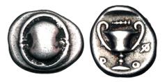 Greek Coins BOEOTIA, Thebes. 426-395 BC. AR Hemidrachm (2.60 gm). Boeotian shield / Kantharos. SNG.Cop.288v. Toned VF, well centered.