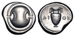 Greek Coins BOEOTIA, Thebes. 395-338 BC. AR Stater (12.08 gm). DIOK, 363-338 BC. Boeotian shield / Amphora with fluted decoration. BCD.550 VF+