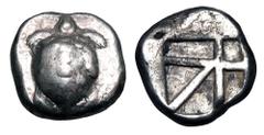 Greek Coins AEGINA. 480-456 BC. AR Stater (12.23 gm). Sea-turtle with row of dots down the middle and across top of shell ("T-back") / Incuse square of "skew" pattern. Millbank.I.13. SNG.Del.1772. Ton