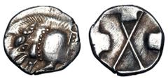 Greek Coins LYCIA. Pre-Dynastic issue, 520-470 BC. AR Third Stater (2.71 gm). Forepart of boar left / Incuse square, three sides with lugs, large X at center. Falghera.20 (denom). SNG.vAul.4051. Toned