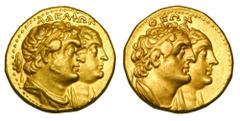 Greek Coins PTOLEMAIC KINGDOM. Ptolemy II, 265-246 BC. Gold Half Mnaieion (Tetradrachm) (13.88 gm) . Jugate busts of Ptolemy I & Bernike I / Jugate busts of Ptolemy II & Arsinöe II. SNG.Cop.133. Svor.