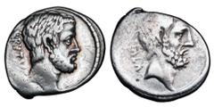 Roman Republican Coins ROMAN REPUBLIC. Q. Caepio Brutus, 54 BC. AR Denarius (3.77 gm). Bare head of Brutus senior / Bare head of Ahala. Junia.30. Cr.433/2. Toned VF. Scarce. Old collection toning with