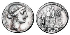 Roman Imperatorial Coins ROMAN REPUBLIC. M. Junius Brutus, 54 BC. AR Denarius (3.71 gm). Draped bust of Libertas / Brutus walking between two lictors. Junia.31. Cr.433/1. Toned VF+. Assassin of Caesar