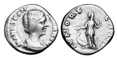 Roman Imperial Coins MANLIA SCANTILLA, wife of Didius Julianus, 193 AD. AR Denarius (3.16 gm). Draped bust / Juno standing with patera and sceptre, peacock at feet. RSC.2. RIC.7(R4). Toned VF. Very Ra