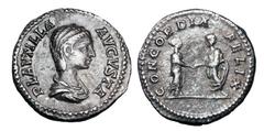 Roman Imperial Coins PLAUTILLA, wife of Caracalla, died 212 AD. AR Denarius (3.06 gm). Draped bust with hair up / Caracalla and Plautilla holdng hands. RSC.12. RIC.365(a)(S). Toned VF+. Scarce.