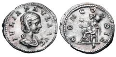 Roman Imperial Coins JULIA PAULA, first wife of Elagabalus, 219 AD. AR Denarius (2.63 gm). Draped bust / Concordia seated holding patera, star above. RIC.211(S). RSC.6a. Toned aXF. ex Clain-Stefanelli