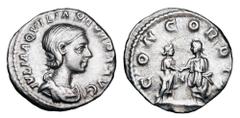 Roman Imperial Coins AQUILIA SEVERA, second wife of Elagabalus, 220 AD. AR Denarius (2.81 gm). Draped bust / Aquilia and Elagabalus clasping hands. RIC.228. RSC.6. Toned Nice VF.