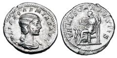 Roman Imperial Coins JULIA SOAEMIAS, mother of Elagabalus, d. 222 AD. AR Denarius (3.13 gm). Draped bust / Venus seated holding apple and sceptre, child in front. RIC.243. Toned VF+.