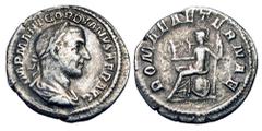 Roman Imperial Coins GORDIAN I, 238 AD. AR Denarius (2.82 gm). Laureate draped bust / Roma enthroned holding Victory and spear, shield at feet. RSC.8. RIC.4. Toned VF. Very Rare.