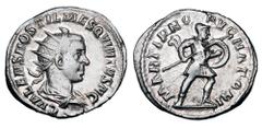 Roman Imperial Coins HOSTILIAN, 251 AD. AR Antoninianus (3.69 gm). Radiate bust / Mars advancing holding spear and shield. RIC.177b. Toned aXF. Rare.