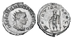 Roman Imperial Coins AEMILIAN, 253 AD. AR Antoninianus (3.24 gm). Radiate draped bust / Mars standing holding shield and spear. RIC.6(R). Toned VF+. Rare.