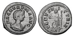 Roman Imperial Coins MAGNIA URBICA, wife of Carinus, 283-285 AD. Æ Antoninianus (3.44 gm) of Ticinum. Diademed bust on crescent / Venus standing holding helmet and sceptre, shield at feet. RIC.343. VF