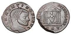Roman Imperial Coins MAXENTIUS, 306-312 AD. Æ Follis (4.88 gm), Rome, 307. Laureate head / Roma enthroned in hexastyle temple, holding globe and sceptre. RIC.195(S). aXF, olive brown patina. Scarce.