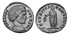 Roman Imperial Coins HELENA, mother of Constantine I, 307-337 AD. Æ Follis (2.75 gm) of Trier, 324-5 AD. Diademed draped bust / Securitas standing holding branch. RIC.458. Near Mint, brown black patin