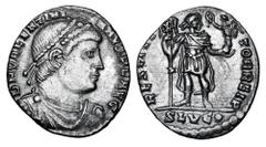 Roman Imperial Coins VALENTINIAN I, 364-375 AD. AR Siliqua (1.87 gm) of Lugdunum. Diademed draped and cuirassed bust / Emperor standing holding labarum and Victory. RIC.6c. Toned aXF. ex E. Harptree H