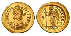 Byzantine Coins BYZANTINE EMPIRE. Anastasios I, 491-518 AD. Gold Solidus (4.49 gm) of Constantinople. Helmeted bust 3/4 facing right / Angel standing left. S.5. Near Mint