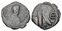 Byzantine Coins BYZANTINE EMPIRE. Justin I and Justinian I, Joint reign, April 4-August 1, 527 AD. Æ Half Follis (7.51 gm) of Constantinople, off E. Diademed bust / Large K. S.126a. MIC.5. Fine+, brow