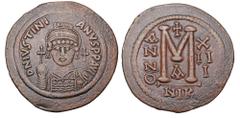 Byzantine Coins BYZANTINE EMPIRE. Justinian I, 527-565 AD. Æ Follis (22.63 gm) of Nikomedia, yr. 13, off. A. Helmeted bust facing / Large M. S.201. aXF, brown patina. Choice, large module.