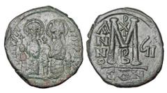 Byzantine Coins BYZANTINE EMPIRE. Justin II, 565-578 AD. Æ Follis (15.43 gm) of Constantinople, yr.6, off. B. Justin and Sophia enthroned facing / Large M, Cross above. S.360. VF, green patina.