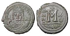 Byzantine Coins BYZANTINE EMPIRE. Maurice Tiberius, 582-602 AD. Æ Follis (11.88 gm) of Theoupolis (Antioch), yr. 15, off.G. Crowned facing bust / Large M. S.533. aXF, green patina. ex Hoffman collecti