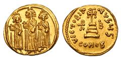 Byzantine Coins BYZANTINE EMPIRE. Heraklios, 610-641 AD. Gold Solidus (4.48 gm) of Constantinople. Emperor standing between both sons / Cross on three steps. S.761. XF. Scarce. Well stuck with bold fa