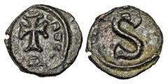 Byzantine Coins BYZANTINE EMPIRE. Heraklios, 610-641 AD. Æ 6 Nummi (1.94 gm) of Alexandria. Cross on steps / Large S. S.862. VF, brown patina.