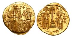 Byzantine Coins BYZANTINE EMPIRE. Constans II, 641-668 AD. Gold Solidus (4.43 gm) of Constantiniople. Crowned busts of emperor & son / Cross between Heraklios & Tiberios. S.964. Mint.