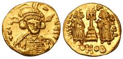 Byzantine Coins BYZANTINE EMPIRE. Constantine IV, 668-685 AD. Gold Solidus (4.40 gm) of Constantinople. Helmeted bust 3/4 facing right / Cross between Herakliois & Tiberios. S.1154. XF. Scarce.