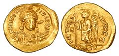 Byzantine BYZANTINE EMPIRE. Anastasius I, 491-518 AD. Gold Solidus (4.32 gm) of Constantinople. 3/4 facing helmeted bust right / Victory standing left. S.5. VF+.