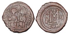 Byzantine BYZANTINE EMPIRE. Justin II, 565-578 AD. AE Follis (14.27 gm) of Constantinople, yr.5, off. B. Justin and Sophia enthroned facing / Large M, Cross above. S.360. VF, brown patina. ex Hoffman 