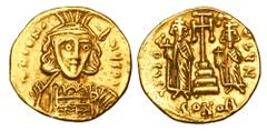 Byzantine BYZANTINE EMPIRE. Constantine IV, 668-685 AD. Gold Solidus (4.25 gm) of Constantinople. Helmeted bust 3/4 facing right / Cross between Heraklios & Tiberios. S.1153. aXF. Scarce.