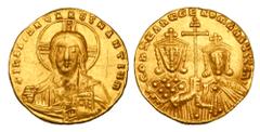 Byzantine BYZANTINE EMPIRE. Constantine VII, 913-959 AD. Gold Solidus (4.41 gm) of Constantinople. Facing bust of Christ / Cross between facing busts of Emperor & Romanos II. S.1751. aXF, light graffi