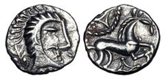 Celtic Coins CELTIC BRITAIN, the Iceni. Queen Boudicca, 61 AD. AR Unit (1.23 gm). Celticized head / Celticized horse. S.434. vArd.794. Toned aXF. Scarce and Choice.