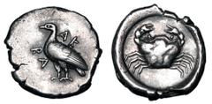 Greek Coins SICILY, Akragas. 482-472 BC. AR Nomos (8.60 gm). Eagle standing with closed wings / Crab in incuse circle. Jenkins.Group.IV. SNG.ANS.952. Toned VF+. Bold crab. ex Bezayiff collection (2007