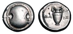 Greek Coins BOEOTIA, Thebes. 395-338 BC. AR Stater (12.24 gm). DIAM, 379-368 BC. Boeotian shield / Amphora with fluted decoration. BCD.523. VF+.