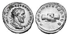 Roman Imperial Coins PUPIENUS, 238 AD. AR Antoninianus (4.08 gm). Radiate draped bust / Clasped hands. RIC.9a. Rare. Toned aXF.