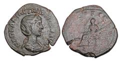 Roman Imperial Coins HERENNIA ETRUSCILLA, wife of Decius, 249-251 AD. Æ Sestertius (18.35 gm). Draped bust / Pudicitia seated raising veil and holding long staff. RIC.136b(R). VF/F, some smoothing. Ra