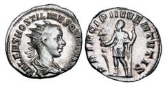 Roman Imperial Coins HOSTILIAN, 251 AD. AR Antoninianus (3.99 gm) of Rome as Caesar, 251. Radiate draped bust / Hostilian holding standard and spear. RIC.183d(R). Near Mint, typical worn rev die. Scar