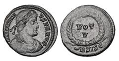 Roman Imperial Coins JOVIAN, 363-364 AD. Æ Follis (3.43 gm) of Siscia. Diademed and draped bust / Votive inscription in wreath. RIC.423. XF, weak spot, brown black patina.