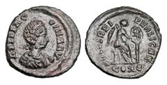 Roman Imperial Coins AELIA FLACCILLA, wife of Theodosius I, 383 AD. Æ Reduced Follis (0.99 gm) of Constantinople. Draped bust right / Victory seated inscribing shield. RIC.55. XF, green black patina, 