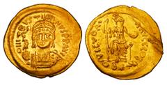 Byzantine Coins BYZANTINE EMPIRE. Justin II, 565-578 AD. Gold Light Weight Solidus (3.39 gm) of Antioch, of 22 Siliquae. Helmeted bust facing / Constantinopolis enthroned, OB*+ in exerge. S.376. XF, s