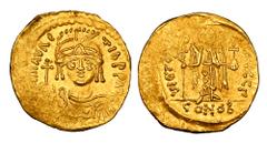 Byzantine Coins BYZANTINE EMPIRE. Maurice Tiberios, 583-602 AD. Gold Solidus (4.38 gm) of Constantinople. Crowned bust facing / Angel standing. S.478. Uneven aXF.