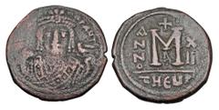 Byzantine Coins BYZANTINE EMPIRE. Maurice Tiberius, 582-602 AD. Æ Follis (11.29 gm) of Theoupolis (Antioch), yr. 13, off.A. Crowned facing bust / Large M. S.533. aVF, brown patina.