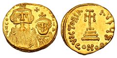 Byzantine Coins BYZANTINE EMPIRE. Constans II, 641-668 AD. Gold Solidus (4.39 gm) of Constantinople. Crowned facing busts of emperor & son / Cross on steps. S.960. XF. Scarce.