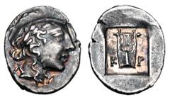Greek LYCIA, Lycian League. Kragos. After 168 BC. AR Hemidrachm (1.75 gm). Laureate head of Apollo / Lyre in shallow incuse square. Tr.84.40. Toned VF+.