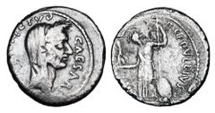 Roman Republican and Imperatorial JULIUS CAESAR, died March 15, 44 BC. AR Denarius (3.45 gm), Feb-March 44 BC by P. Sepullius Macer. Laureate and veiled head of Caesar / Venus standing holding Victory