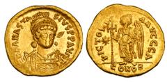 Byzantine BYZANTINE EMPIRE. Anastasios I, 491-518 AD. Gold Solidus (4.47 gm) of Constantinople. Helmeted bust 3/4 facing right / Angel standing left. S.5. aXF